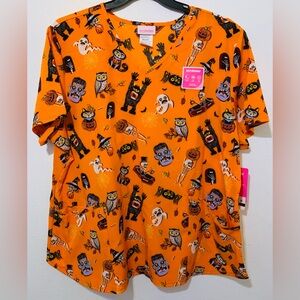 Scrubstar Fright Friends Sz 2XL Women's V-Neck Scrub Top Orange
